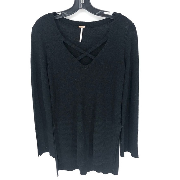 Free People Tunic Sweater Womens XS Linen Blend Criss Cross Boho Stretch Comfy - Picture 2 of 8